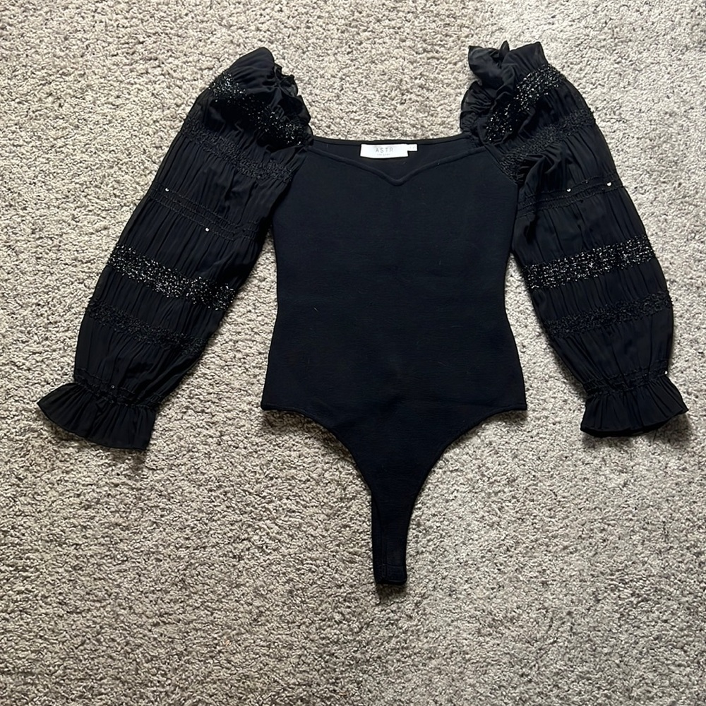 Astr bodysuit with sheer puffed sleeves - black/large